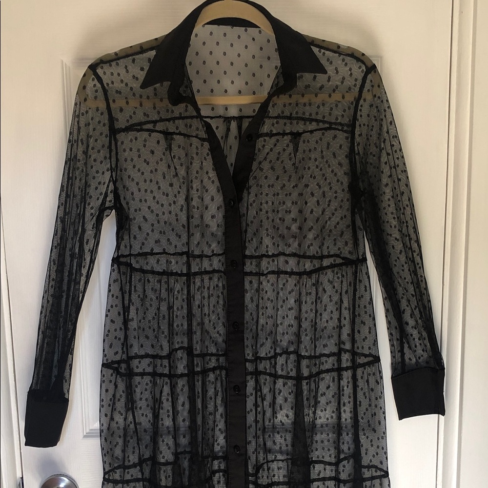 Black Polka Dot Sheer Mesh Fairy Maxi Dress Button Front Tiered - Picture 2 of 7